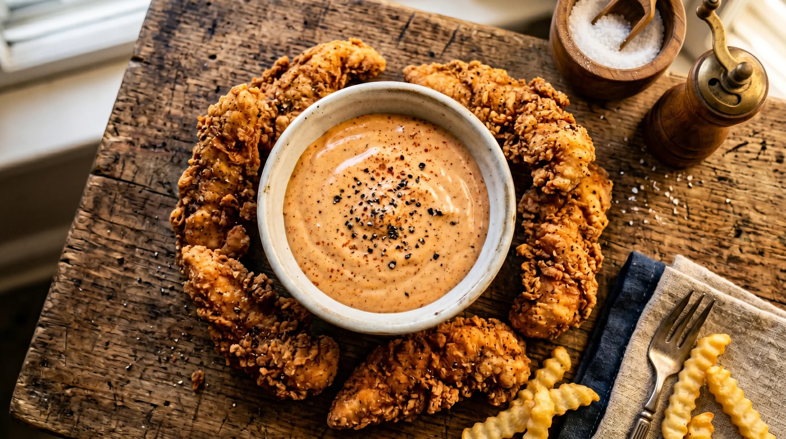 Homemade Raising Cane's copycat dipping sauce with crispy chicken tenders and crinkle-cut fries on a wooden board