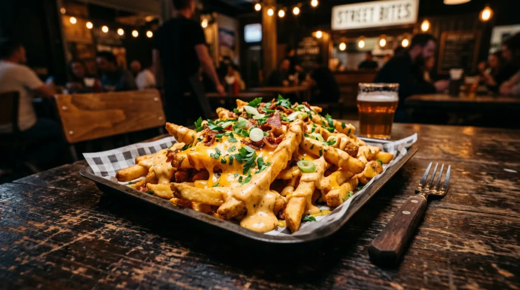 Copycat Raising Cane's & Chick-fil-A Sauce Recipe 3 Copycat Chick-fil-A sauce in deep amber drizzled over a pile of crispy golden fries with melted cheddar and fresh herbs, dark wooden table, moody street food aesthetic