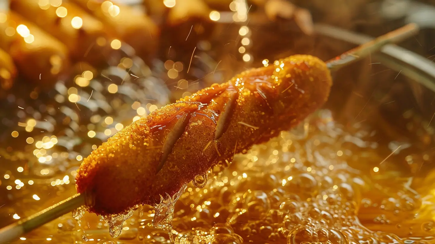 Korean corn dogs hero image showing golden crispy fried corn dogs with mozzarella cheese pull on sticks against a dark background