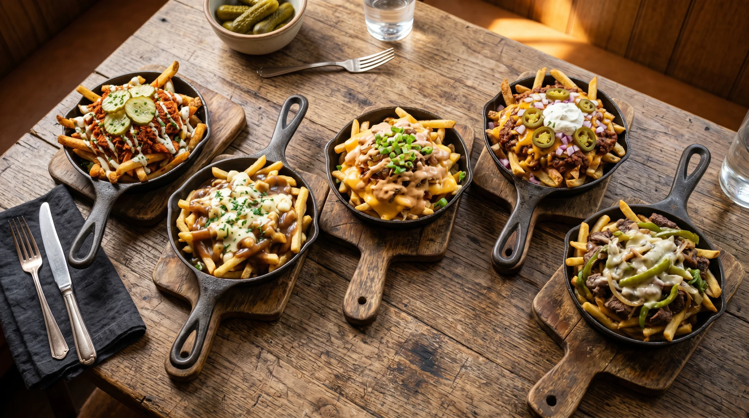 Five cast iron skillets and loaded fry styles arranged on a rustic surface showing regional American street food variations