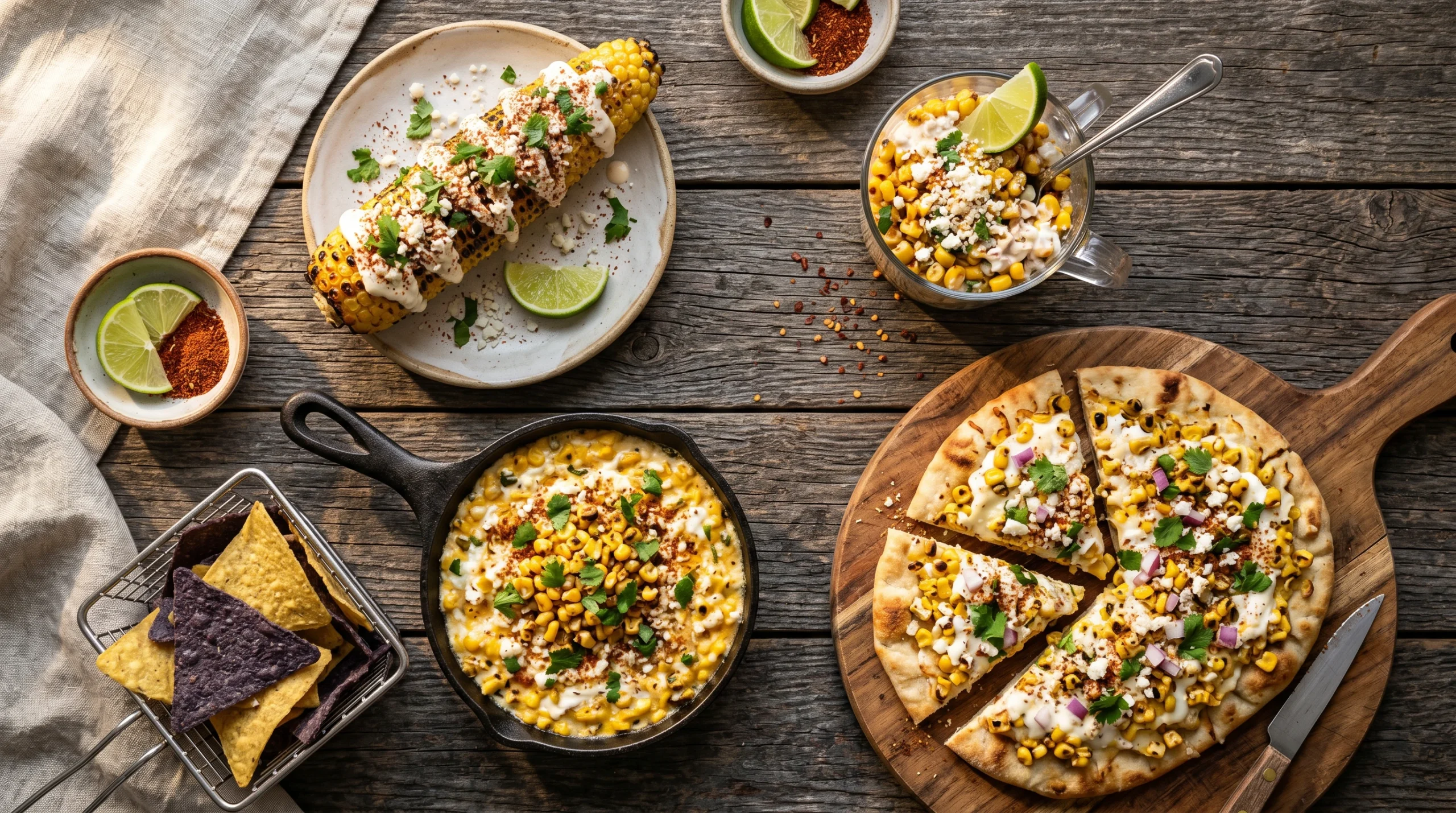 Four variations of Mexican elote corn on the cob and esquite in cups with cotija cheese, chili powder, lime, and crema