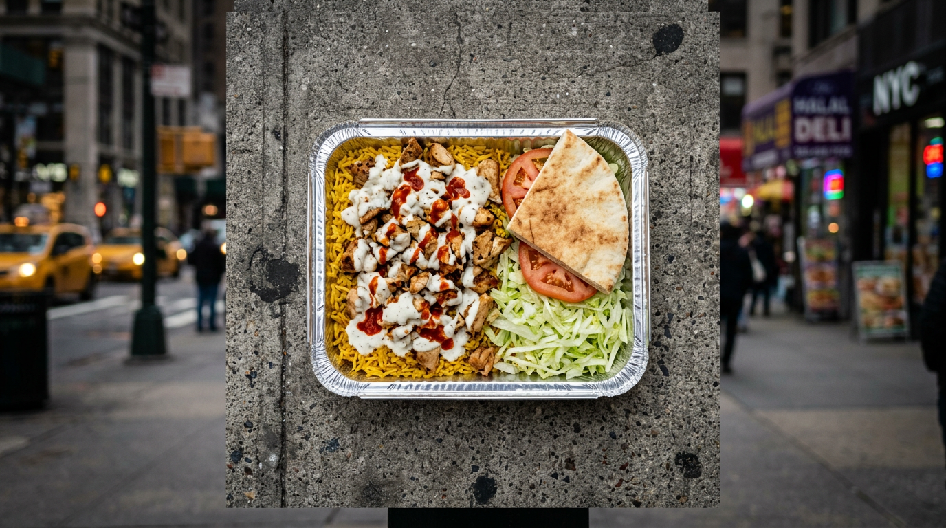 Overhead shot of a classic NYC halal cart chicken over rice plate with yellow rice, sliced chicken, white sauce, and hot sauce on a foil tray