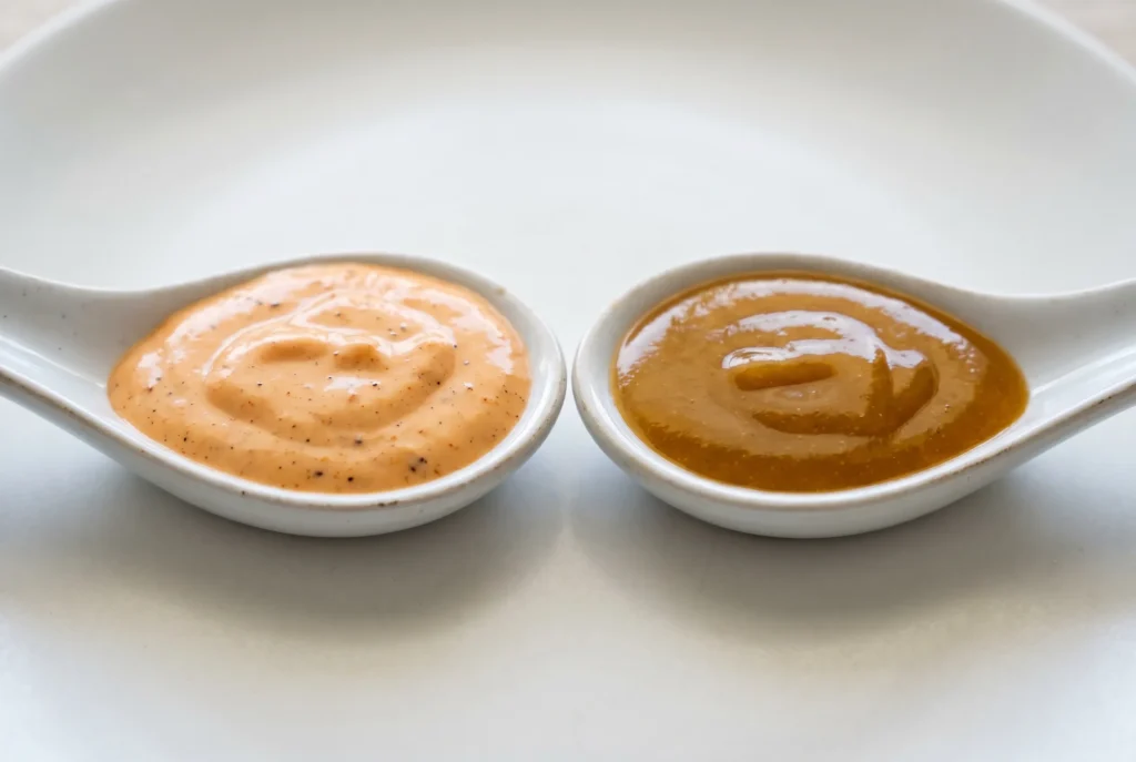 Copycat Raising Cane's & Chick-fil-A Sauce Recipe 2 Two ceramic spoons side by side comparing Raising Cane's sauce in pale salmon and Chick-fil-A sauce in deep amber-orange, minimalist white background, macro food photography