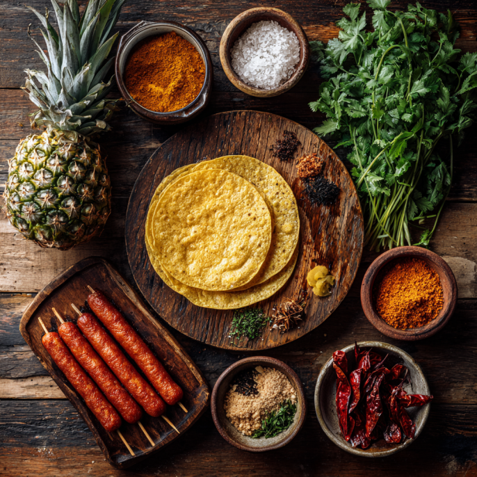 The Ultimate Guide to Making Street Food at Home 1 Vibrant flat lay of street food ingredients including spices, herbs, sauces, and fresh vegetables on a colorful kitchen surface