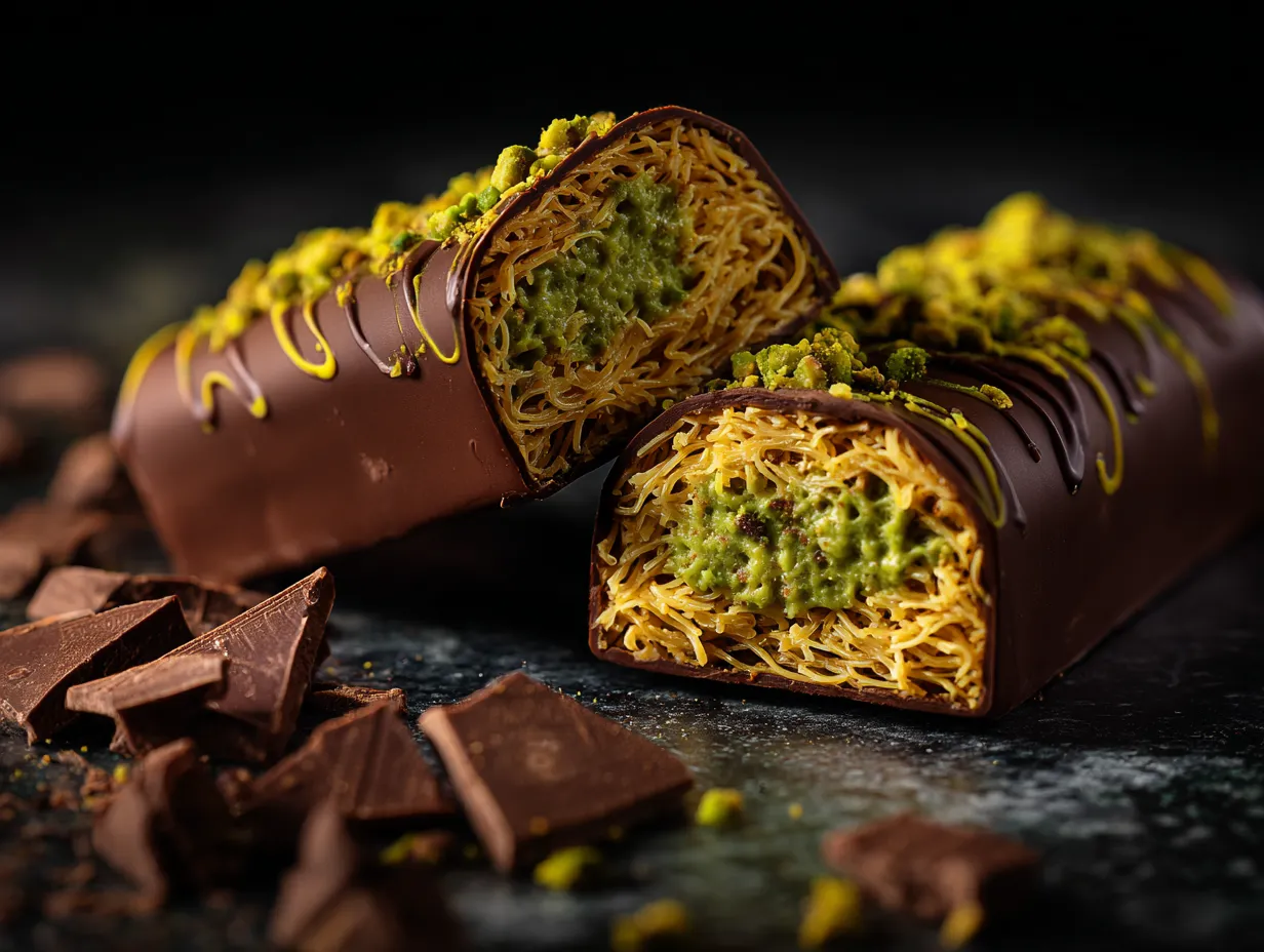 Dubai chocolate bar broken in half on a dark marble surface