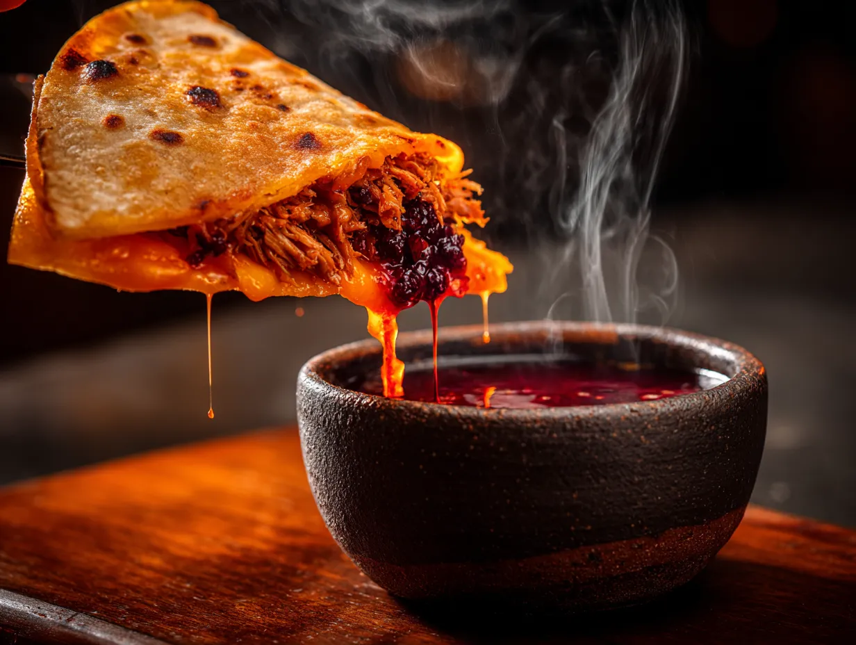 Birria Tacos: How the Trend Took Over the US 1 Dramatic close-up of quesabirria taco showing melted cheese and seasoned beef