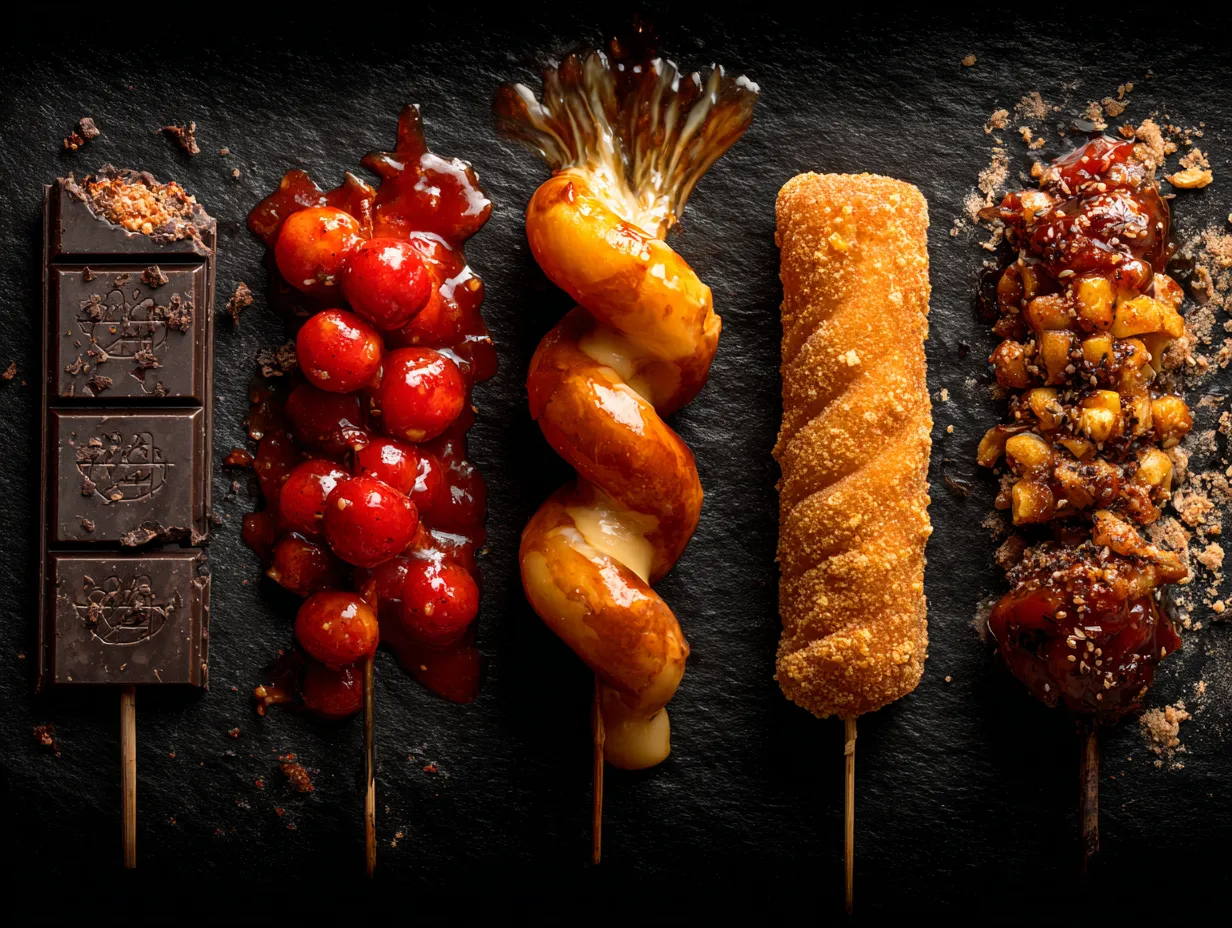 Dynamic flat lay composite showing six viral street foods