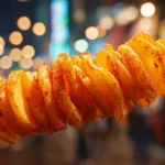 Tornado Potato: The Fair Food TikTok Cannot Stop Watching 6 Golden tornado potato whole spiral-cut potato deep-fried on stick close-up