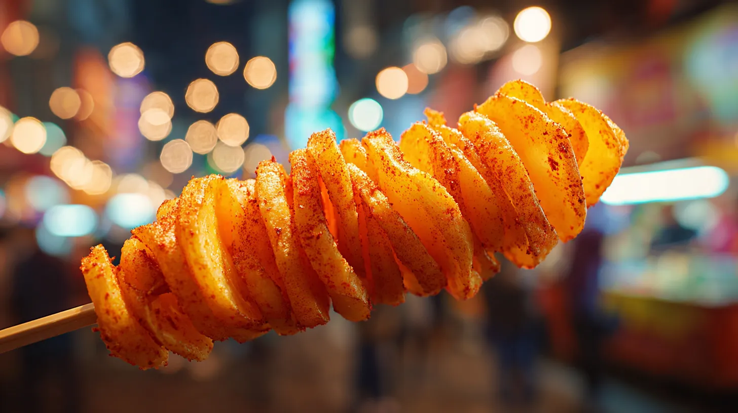 Golden tornado potato whole spiral-cut potato deep-fried on stick close-up
