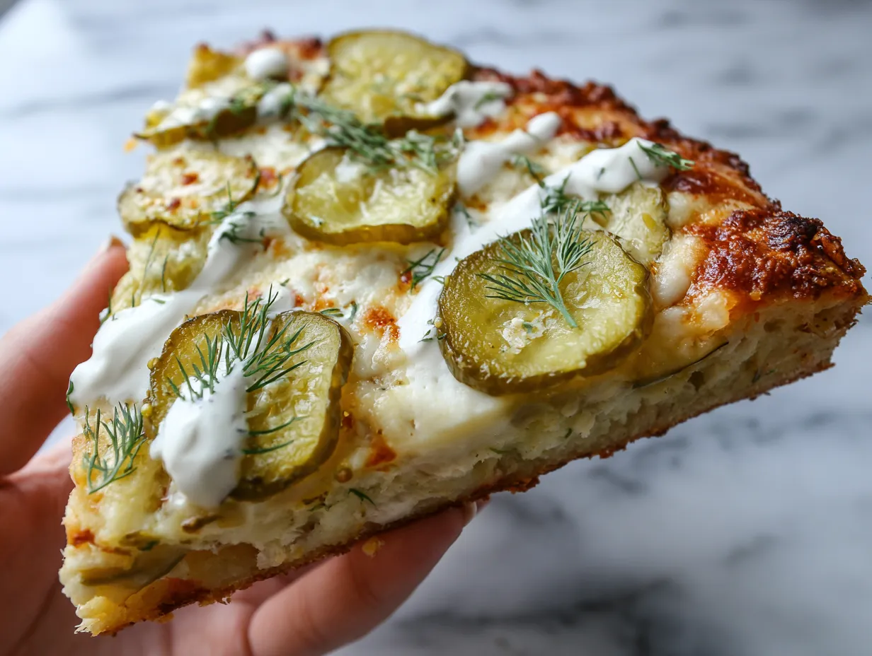 Perfectly baked pickle pizza slice held up close showing toppings and crust