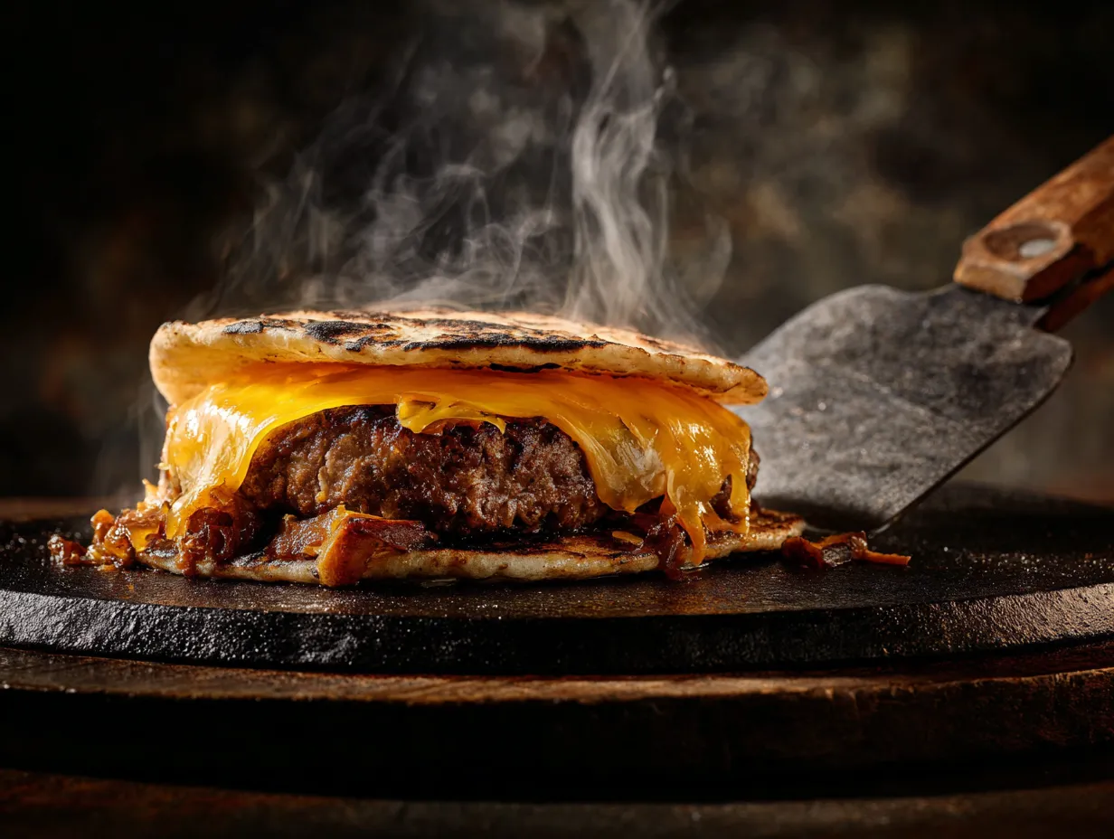 Smash burger taco on dark cast iron skillet with dramatic lighting