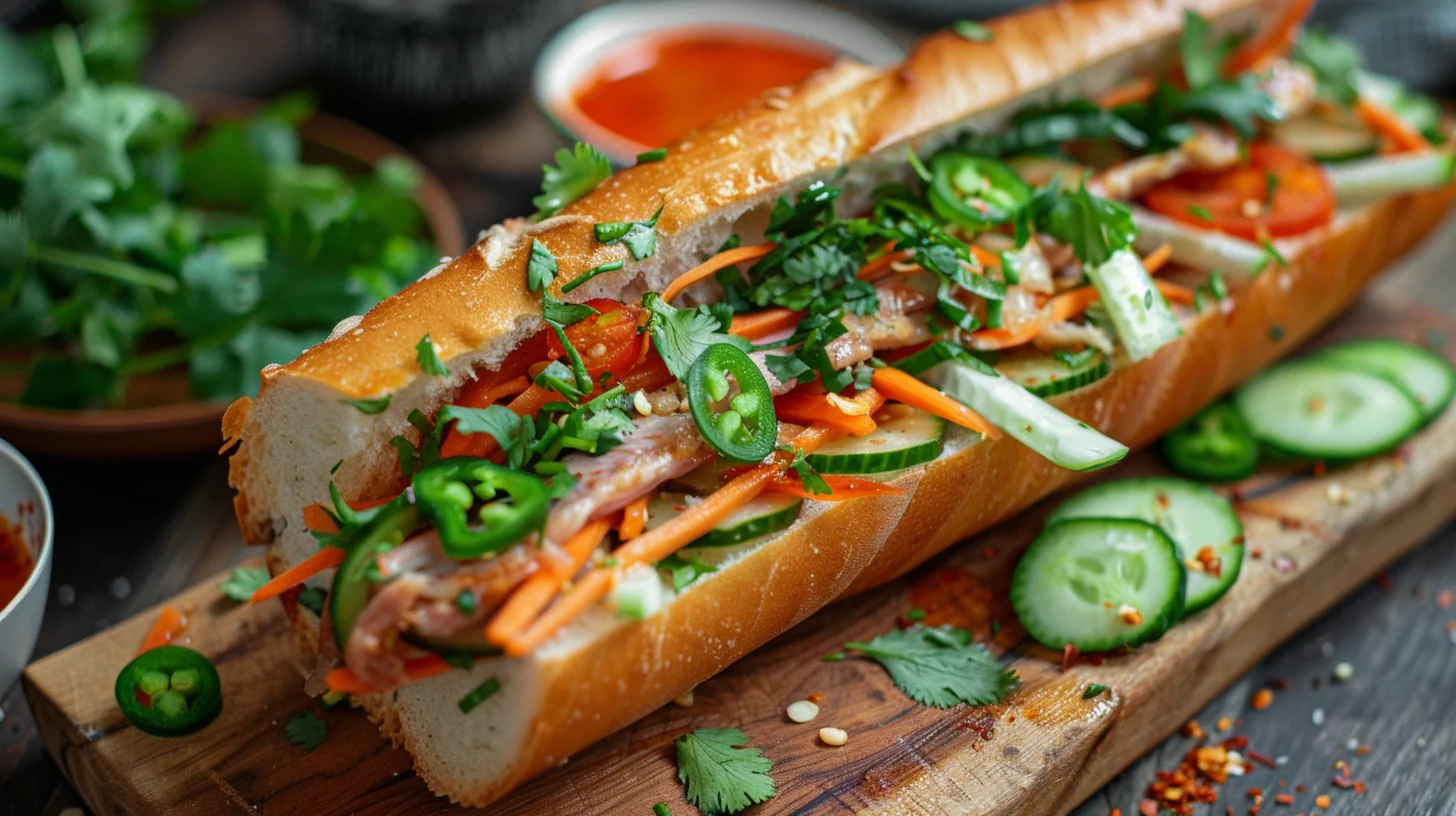 Vietnamese banh mi hero featured image showing a cross-section of the sandwich with colorful fillings on a French baguette