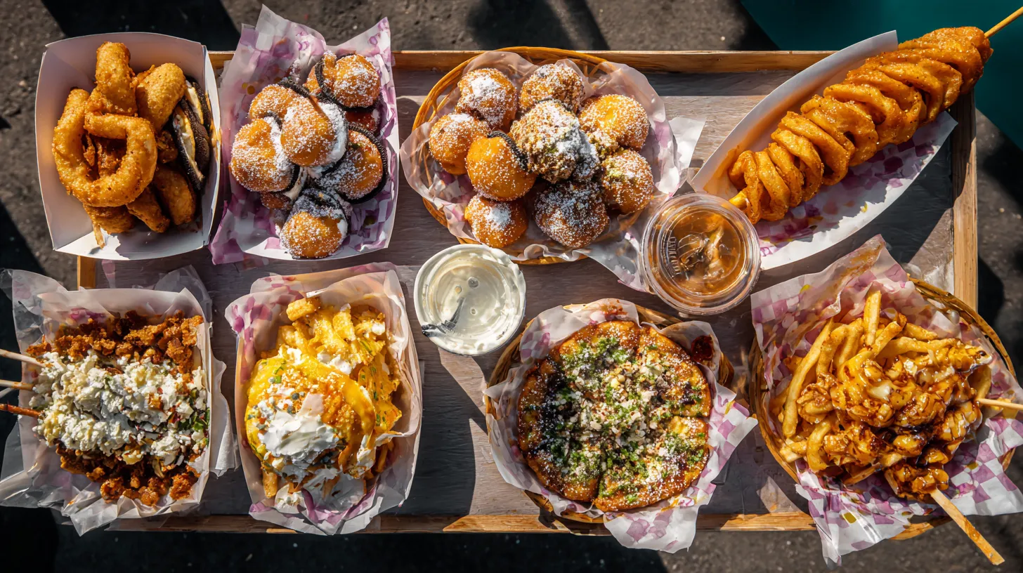 Wide overhead shot of food festival table covered with diverse dishes
