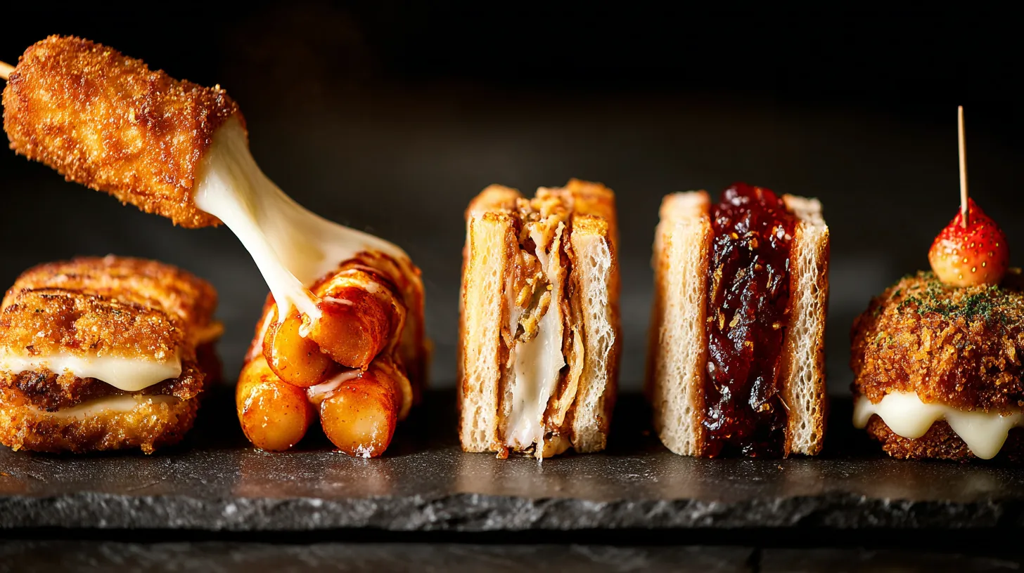 Elegant editorial spread of five iconic viral Asian street foods arranged